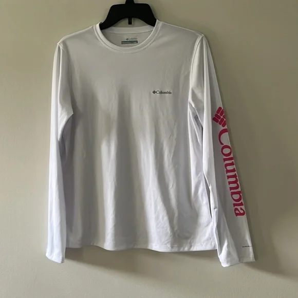 Columbia women's rapid creek long-sleeve top shirt white pink logo M omni shade - Picture 2 of 16